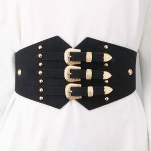 Riemen vrouwen gepersonaliseerde gouden klinknagel brede tailleband drie rij gespog jurk decoratieve superband elastische mode Blackbelts