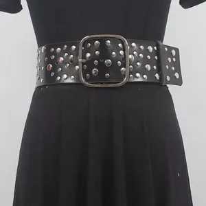 Riemen dames mode zwart echt lederen klinknagel punk cummerbunds vrouwelijke jurk corsets tailleband decoratie brede riem r260