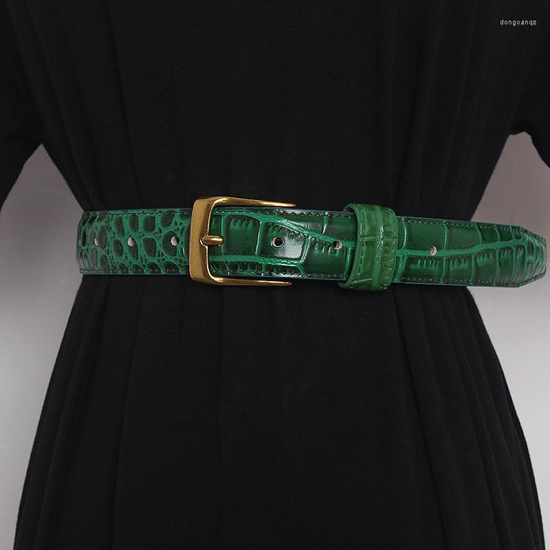 Belts Women's Runway Fashion Genuine Leather Green Cummerbunds Female Dress Corsets Waistband Decoration Narrow Belt R1104