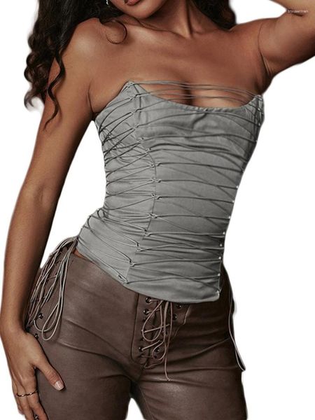 Cinturones Mujer S Y2K Blusa con hombros descubiertos y volantes Seductora con cordones Bustier Tube Top Open Back Figure-Hugging Crop Tops Ropa de calle de moda