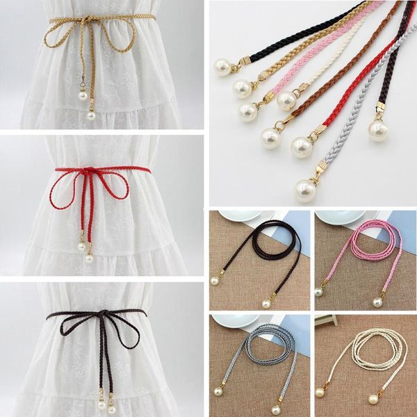 Ceintures femmes Simple taille ceinture couleur bonbon Style élégant chaîne corde tressé sangle grande perle robe décor