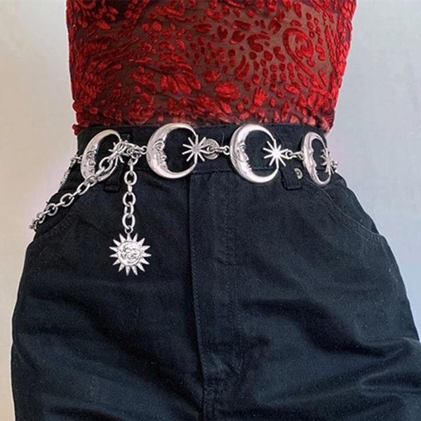 Cinturones Mujer Cinturón sólido Cintura Cadena Fiesta Moda oscura Estilo punk Metal Gótico Luna Sol Astilla Colgante Anillo