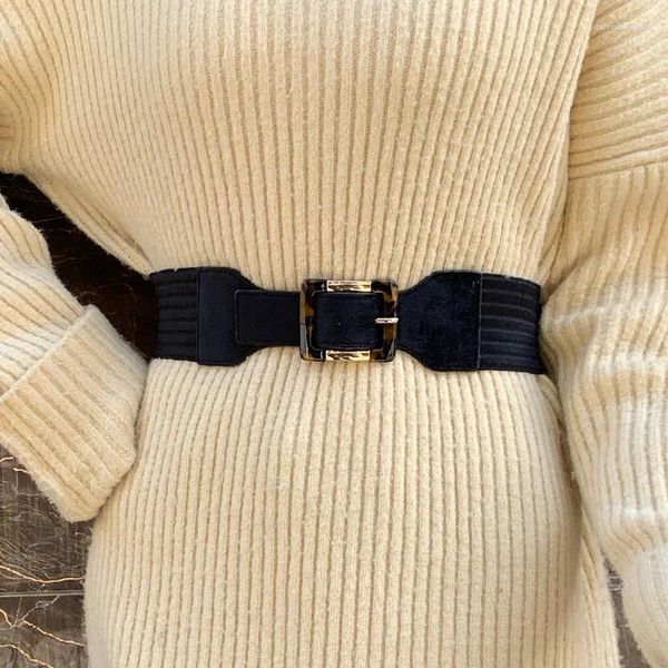 Cinturones Mujer Cinturón ancho elástico tejido de paja Color sólido con hebilla de plástico a juego para cuero Retro hecho a mano SCM0201