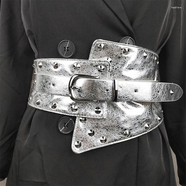 Cinturones Mujeres Vintage Remache PU Cinturón de cuero Elástico Cintura Corsé Ultra Ancho Cintura Señora Abrigo Vestido Decoración