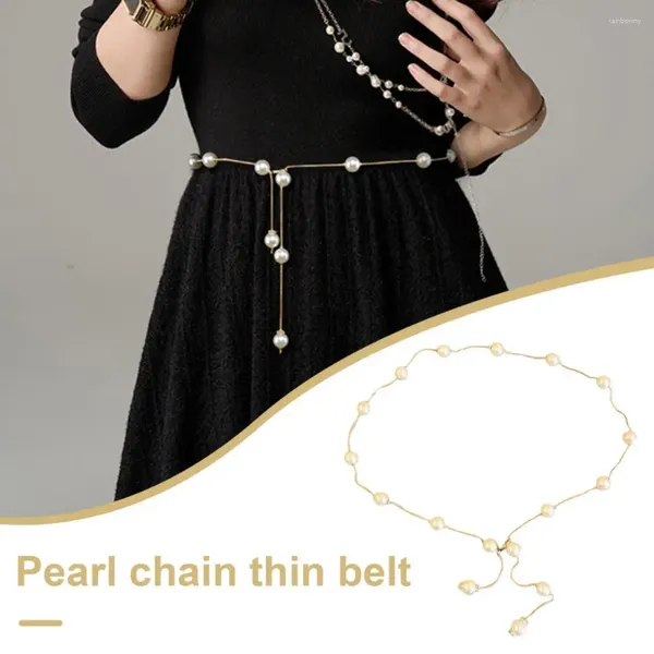 Cinturones Mujer Cadena De Cintura Perla De Imitación Clip De Langosta Ajustable Lujo Inoxidable Decoración Delgada Vestido Falda Joyería Pretina