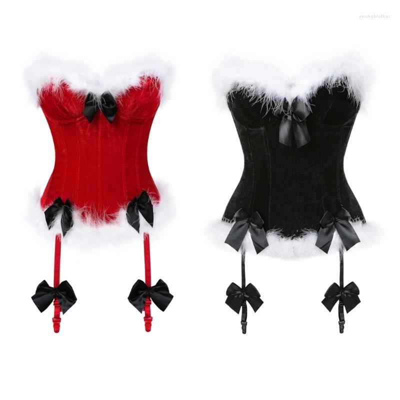 Belts Womens Feathers Trimming Christmas Santa Cosplay Costume Bowknot Corset Crop Top Drop