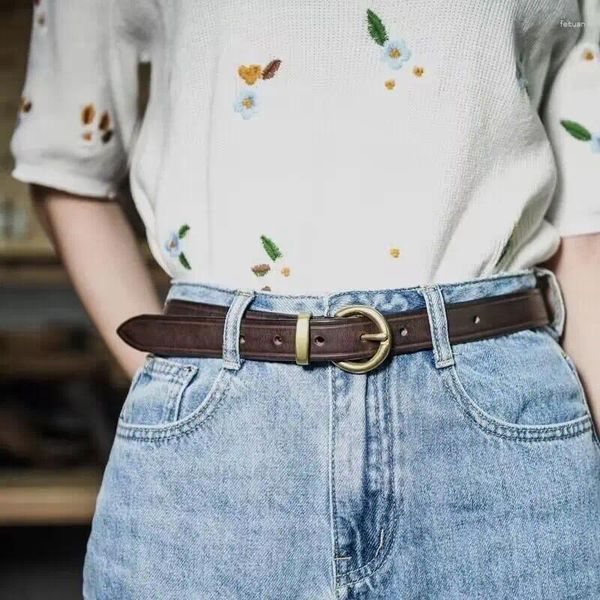 Cinturones Y2K Girl 2.3cm Cuero genuino para mujer para mujer Pin de cobre Hebilla Correa Fancy Vintage Jeans Cinturón de alta calidad