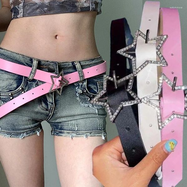 Cinturones y2k estrella para mujeres chicas picantes rosa negro cinturón blanco denim PU Rhinestones de grano de cuero versátiles de corsé