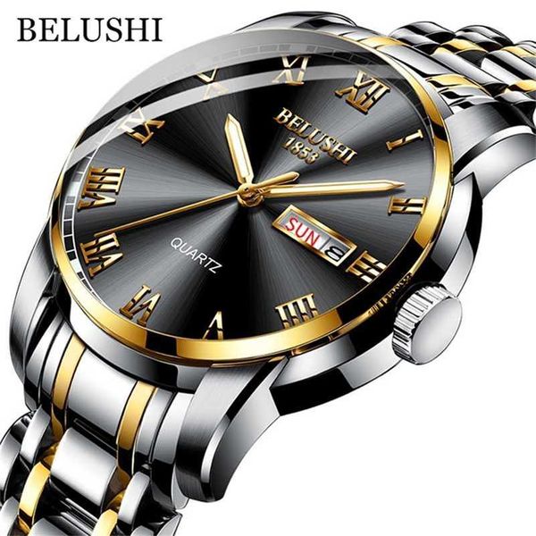 Reloj BELUSHI de la mejor marca para hombre, reloj de acero inoxidable con fecha de negocios, resistente al agua, luminoso, pulsera de cuarzo deportiva de lujo para hombre 220117