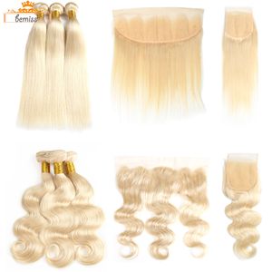 Bemiss Hairﾮ 613 Bundles de cheveux humains blonds avec fermeture Cheveux vierges brésiliens Raides Vague de corps Tissage de cheveux avec fermeture frontale pour les femmes