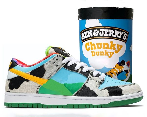 BenJerry DnK Low chaussures de skateboard x Chunky Dunky Black White University Gold baskets de sport avec boîte d'origine