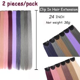 Bénéhaire synthétique 24 pouces de couleur longue puce droite dans les extensions de cheveux mettent en évidence les pinces à cheveux arc-en-ciel