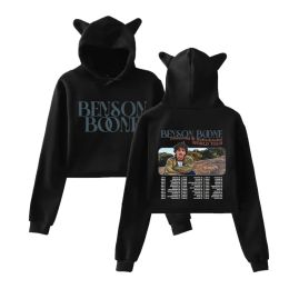 Benson Boone Fireworks y Rollerblades World Tour Crop Top Hoodie para niñas Kawaii Cat Ears Harajuku Sweinshirt Cortada