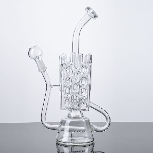 Tubo doblado en línea Swiss Perc Glass Bongs Hookahs 14 mm Conjunto Estilo único Clear Dab Rigs Tubos de agua de 10 pulgadas 4 mm de espesor Pyrex fumando con cúpula de tazón En stock WP142