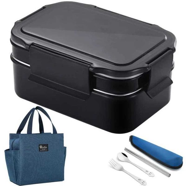 Bento Boîtes 1.6L en acier inoxydable Boîte à lunch noire Conteneur de nourriture Camping Picnic School Work Bureau fuite Proof Japan 2 couches Set Q240427