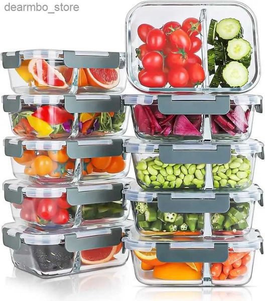 Bento Boîtes 10 packs 30 oz de repas en verre Conteneurs de préparation à 2 compartiments Conteneurs de rangement alimentaire avec les couvercles Lunch à air Bento Bento L49