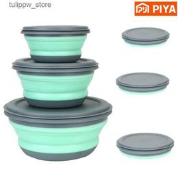 Bento Boxen 3 stks/set Campingkom Opvouwbare siliconen opvouwbare kom Lunchbox Slakom Deksel Uitbreidbare voedselopslagcontainer Bento Box L240307