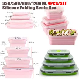 Boîtes à bento 4pcs / set Boîte à lunch rectangulaire en silicone Boîte à bento pliable Bol de récipient alimentaire pliant 300/500/800 / 1200 ml pour vaisselle 230617