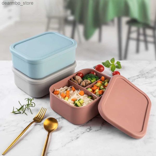 Bento cajas 700/1300ml 3 cuadrículas Microondas de silicona Lunch Box para niños Oficina de escuelas para adultos Contenedor de almacenamiento de alimentos Bento con tapa L49