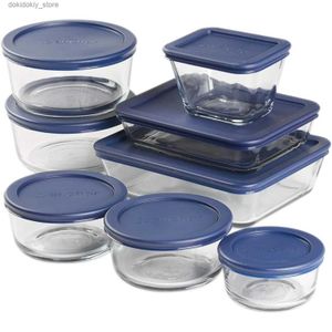 Bento Boxes Anchor Hockin 16 pièces Lass Storae Conteneurs avec couvercles (8 Lass Food Storae Conteners 8 Navy Blue Snufit Lides) L49