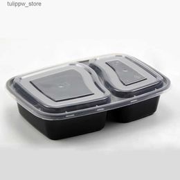 Boîtes à bento Conteneurs de préparation de repas jetables Boîte de stockage des aliments à 2 compartiments Boîtes à lunch allant au micro-ondes (noir avec couvercle) L240308