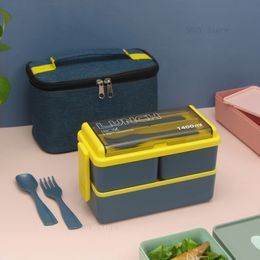 Bento Dozen Dubbele Laag Draagbare Lunchbox Voor Kinderen Met Vork En Lepel Magnetron Servies Set Voedsel Opslag Container 230621