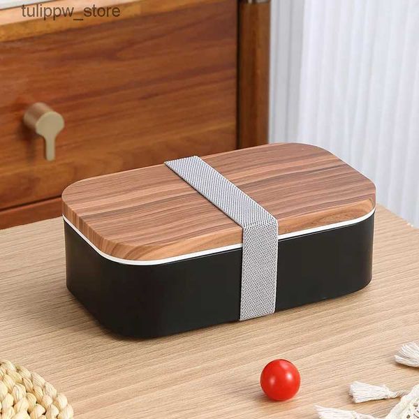 Cajas Bento Venta caliente INS Grano de madera Caja de almuerzo de plástico de doble capa Horno de microondas Caja de almuerzo para adultos Caja Bento Caja de almuerzo L240307