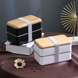 Boîtes à bento Boîte à lunch japonaise en grain de bois double couche scellée anti-fuite boîte à lunch micro-ondes personnel de bureau boîte à lunch étudiant 230407