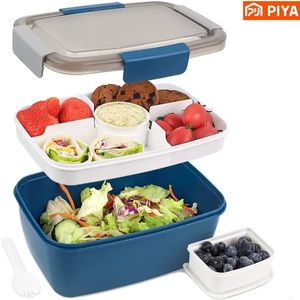 Bento Boxes Caja Bento grande apta para microondas Ensalada grande Contenedor de comida Bandeja de 4 compartimentos Fiambrera sin BPA Ensaladera con contenedor de aderezo 231013