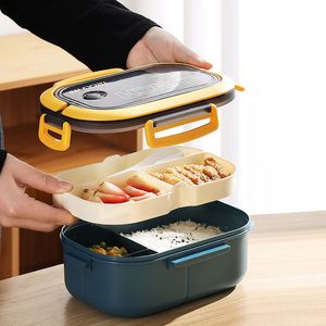 Bento Boxes Lunch 2 Lagen Grids Studentenkantoormedewerker Microwave Hermetische Outdoor Picnic Fruit Food Container met vork lepel 220930