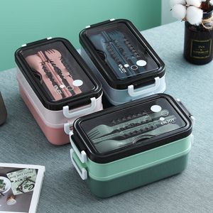 Bento Boxes Lunch Box Food Storage Box Three Layer Grid Student Office Staff Microwave Lunch Box Outdoor Picnic Container met vorken en lepels 230407