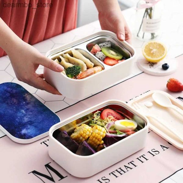 Bento Cajas Microondas Doble Lorzonal Lorzuelo Acero inoxidable PP Bento Bento Contenedor portátil Drop envío L49