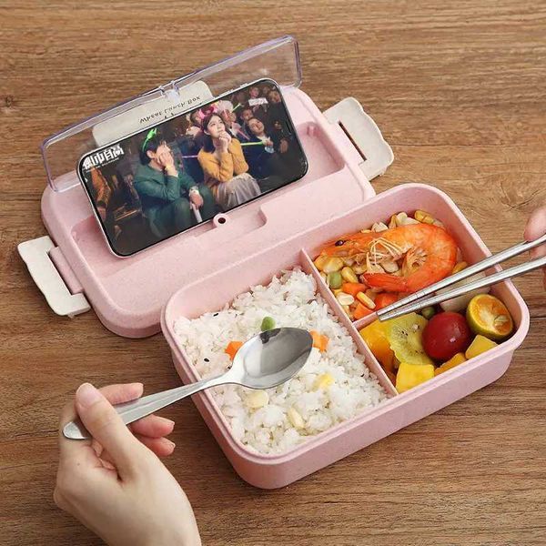 Bento boîtes à micro-ondes boîte à lunch avec baguettes à cuillère couverts de paille de rangement alimentaire Conteneur pour enfants Bento Q240427