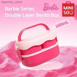 Bento Boxes Miniso Barbie Series Boîte à lunch Bento Kawaii Girl Double-couche Isolation empilable Pruisible Heart Anime Lunchbox Birthday Gift L49