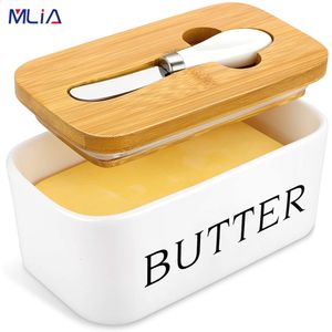 Bento Boxes MLIA Nordic Butter Sealing Plato de cerámica con tapa de madera y cuchillo Bandeja de almacenamiento de queso Contenedor de platos Blanco 221025