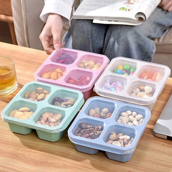 Bento Cajas Square Divider Lunch Box ReUSable 4 Company Food Containers Snack nueces con suministros de cocina de paja de trigo tapa Q240427