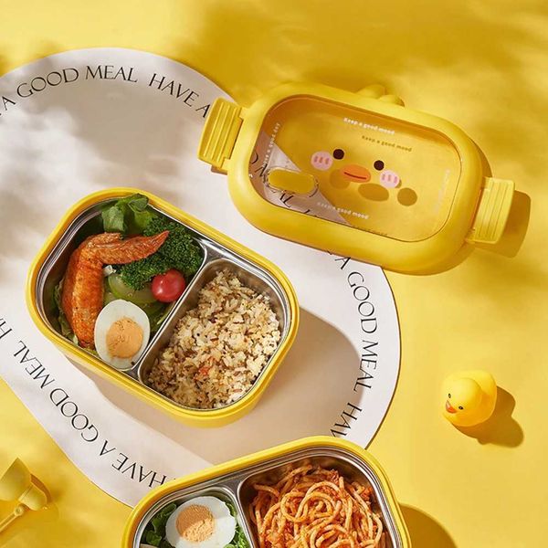 Bento boîtes en acier inoxydable pour enfants Kawaii Bento Boîte à double côté Clip de nourriture scellée Portable Continier 2 cellules Boîte de repas du compartiment