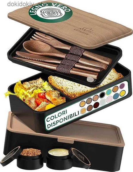 Boîtes à bento Boîte à lunch bento umami pour adultes avec des pots de sauce ustensiles fuites micro-ondes en toute sécurité faciles à nettoyer - noix noire l49