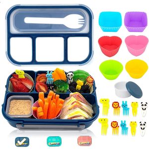 Bento Lunchbox Voor Kinderen Volwassen 4 Compartimenten Containers Met Leuke Accessoires Siliconen Voedsel Cake Cups 240312