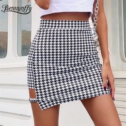 Benuynffy zwart en wit Houndstooth print rok zomer mode hoge taille uitgesneden bodycon mini rok vrouw 220322