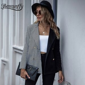 Benuynffy zwart kleurblok Houndstooth jas vrouwen herfst winter dubbele borsten vintage kantoor dame elegante jassen bovenkleding 201102