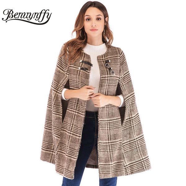 Benuynffy Hebilla de cuero para mujer Manga de capa Plaid Tweed Cape Coat Otoño Invierno Elegante OL Ropa de trabajo Mujeres Abrigos Abrigos LJ201201