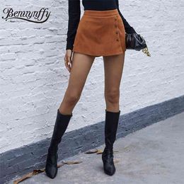 Benuynffy Rits Terug Solid Corduroy Shorts Rokken Dames Herfst Winter Hoge Taille Button Voorzijde Skort Vrouwelijke Casual Wrap 210621