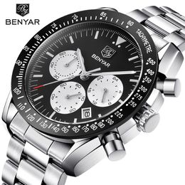 Benyar Brand Men Sport Chronograph Watches Alle tips werken waterdichte mode Steel Roestvrij Quartz Watch Drop Black2595