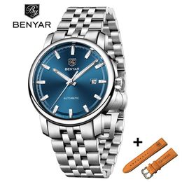 Benyar Business Mens Mechanische horloges Set waterdichte lederen merk luxe automatische polshorloge klokklok relogio masculino253i