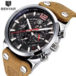 Benyar Chronograph Sport Mens Watches Fashion Brand Militaire waterdicht lederen band Quartz Watch Clock Relogio Masculino259J