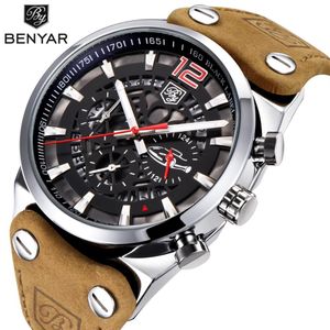 BENYAR chronographe Sport hommes montres marque de mode militaire étanche bracelet en cuir montre à Quartz horloge Relogio Masculino256S