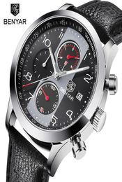 Benyar Chronograph Sport Watchs Men Imperproofr Brand Retro Leather Quartz montre tous les cadrans de travail de travail Drop Grey4238075