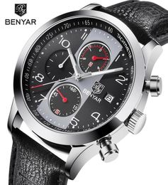 Benyar Chronograph Sport Watchs Men Immasproofr Brand Retro Leather Quartz montre tous les cadrans de travail de travail Drop Grey264T9076806