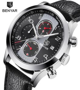 Benyar Chronograph Sport Watchs Men Imperproofr Brand Retro Leather Quartz montre tous les cadrans de travail de travail Drop Grey8095869